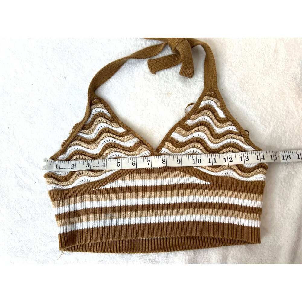 No Boundaries Crochet Halter Crop Top Brown S Boho Festival Knit Bralette Y2K - Picture 4 of 5